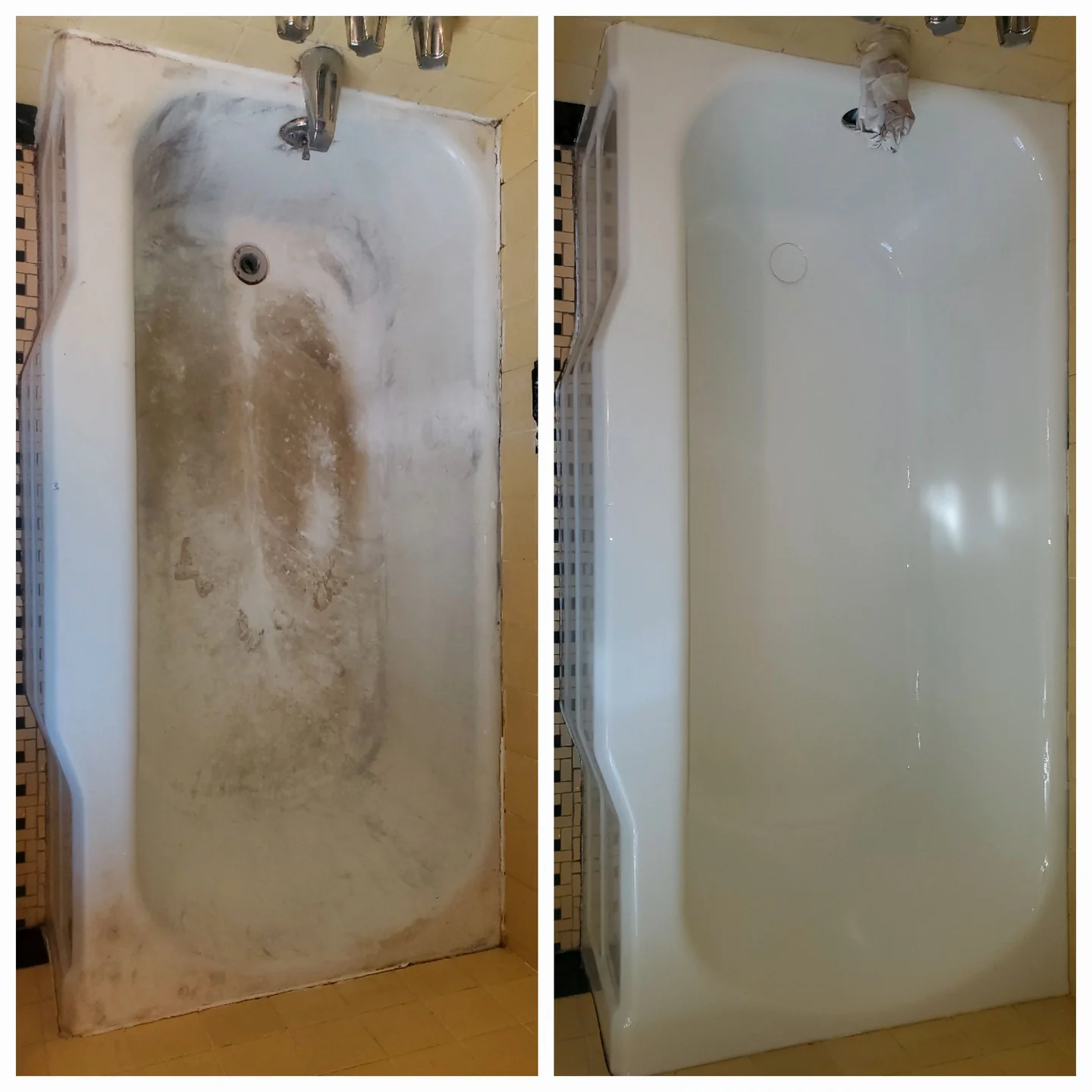 Bathtub refinishing: original surface on the left, renewed finish on the right